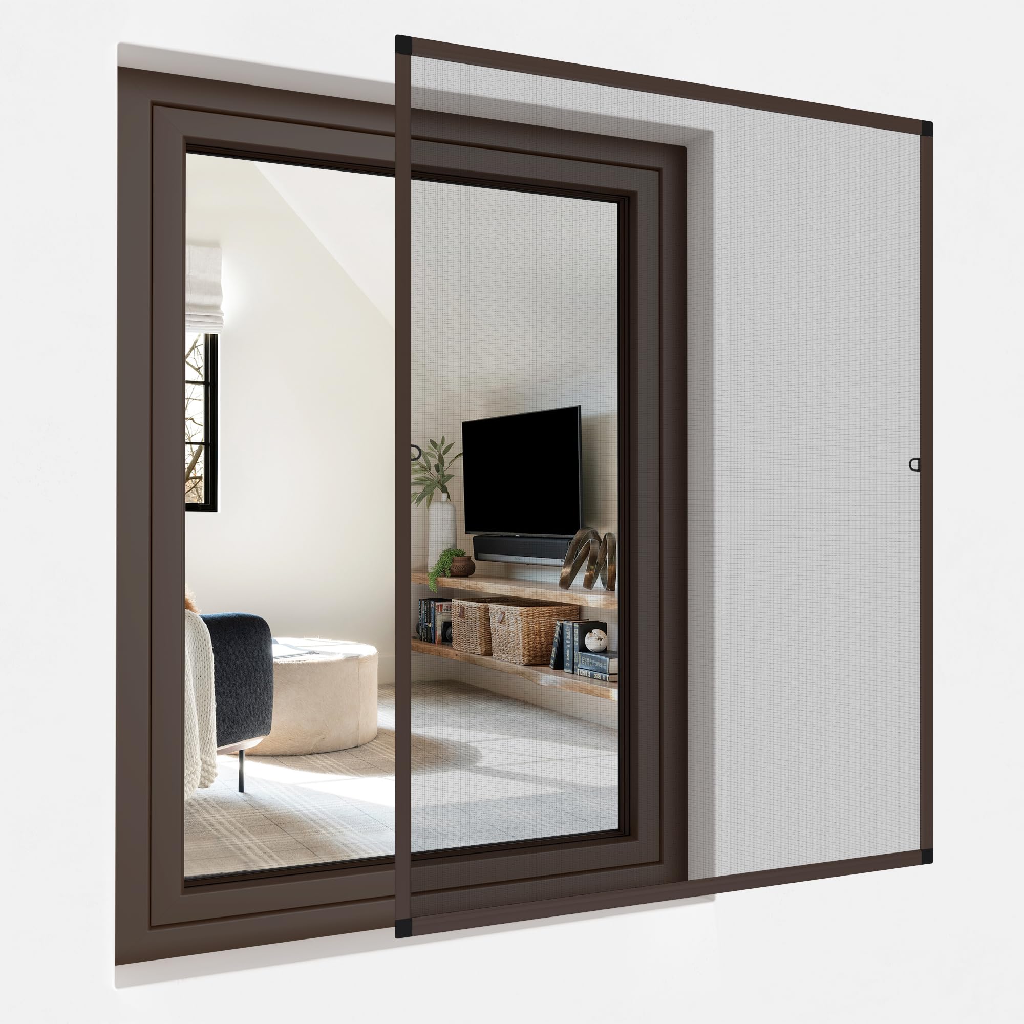jarolift Fliegengitter für Fenster SlimLine Insektenschutz ohne Bohren, mit Alurahmen Spannrahmen, Mückenschutz Mückengitter, 70 x 150 cm, Braun 6