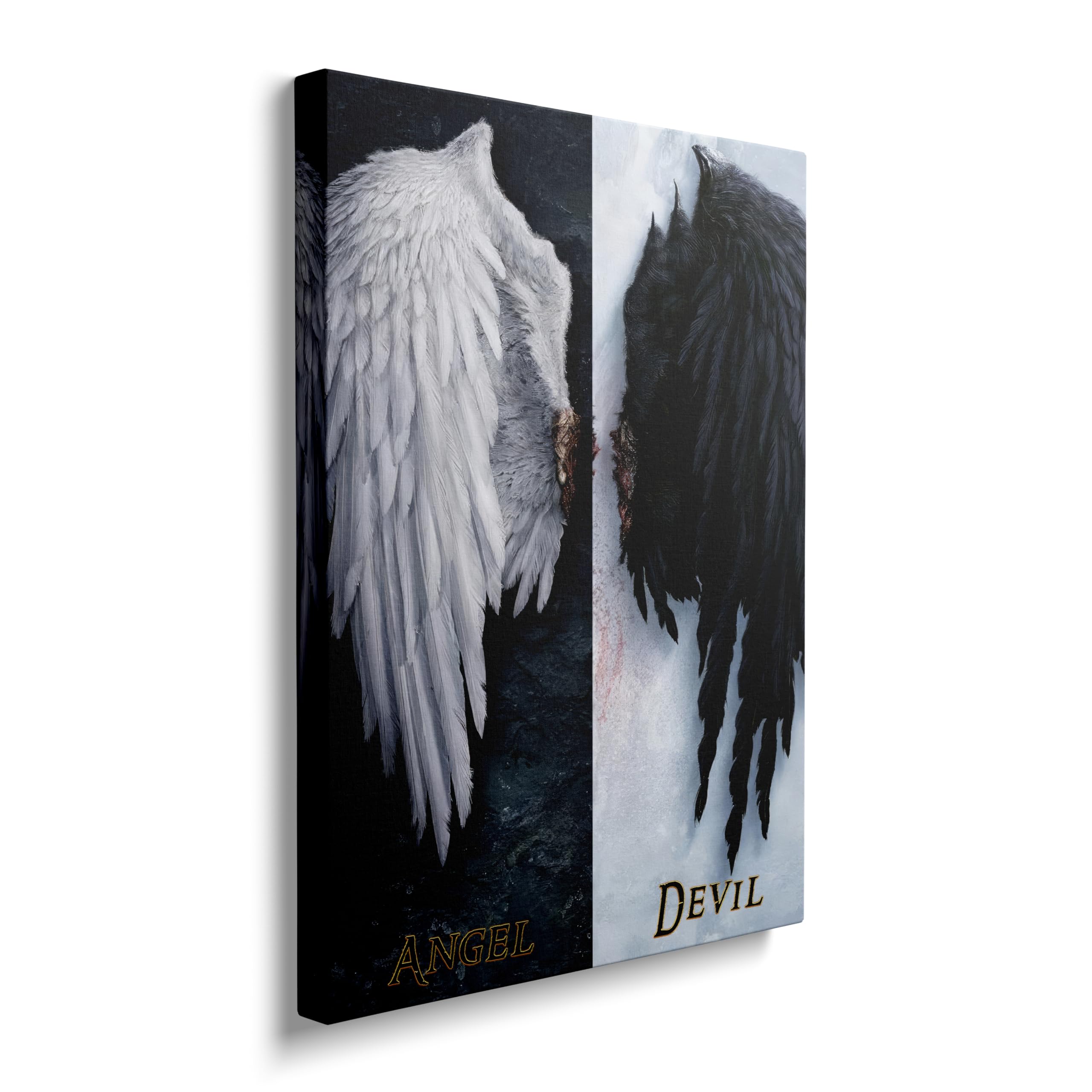 Photo 1 of Framed Fantasy Black And White Angel VS Devil Canvas Wall Art Fallen Angel Wings Feather Decor Posters For Living Room Bathroom Home Office Artwork Gift Ready To Hang (12x16 Inches)