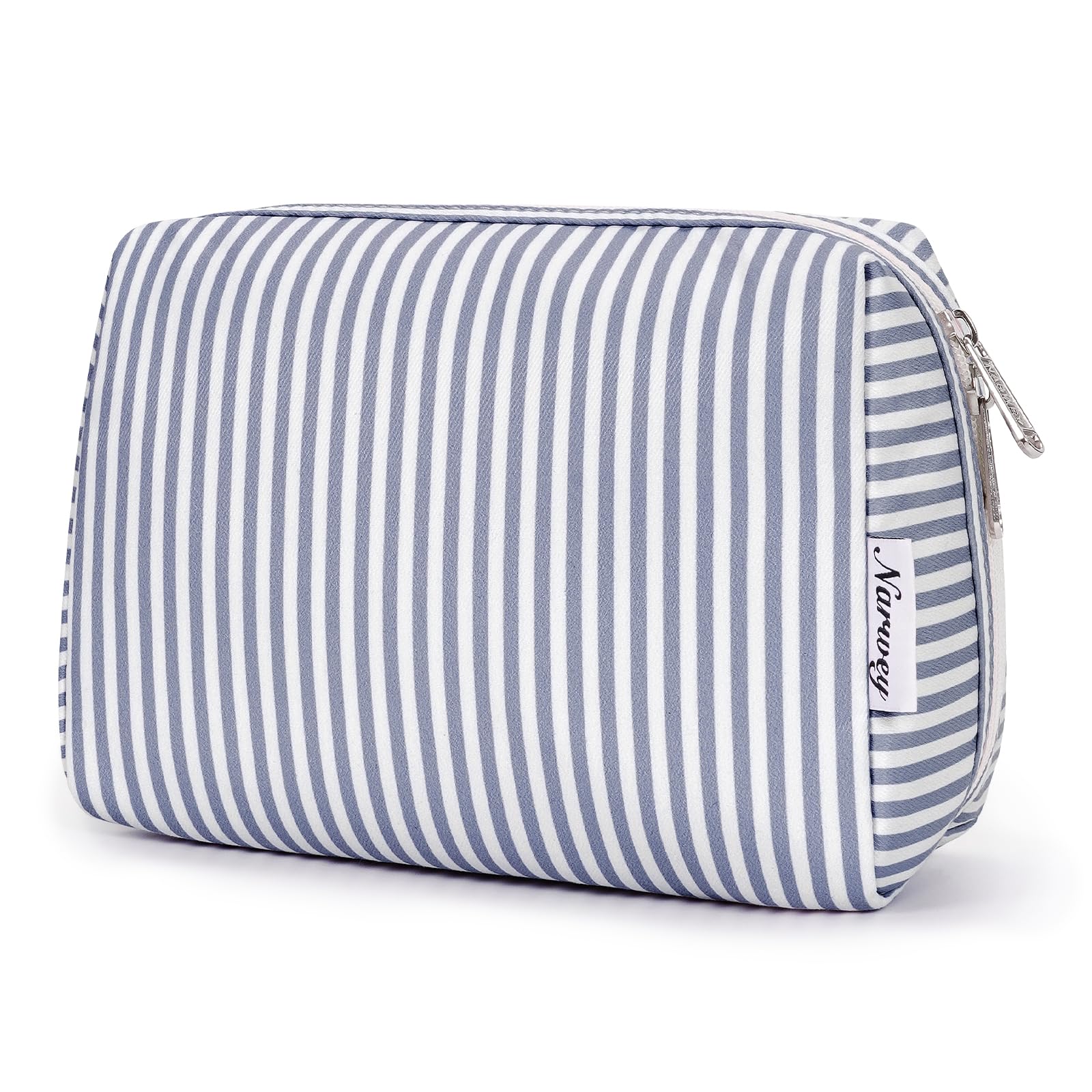 Large Makeup Bag Zipper Pouch Travel Cosmetic Organizer for Women (Greyish Blue Stripe, Large) — image 1