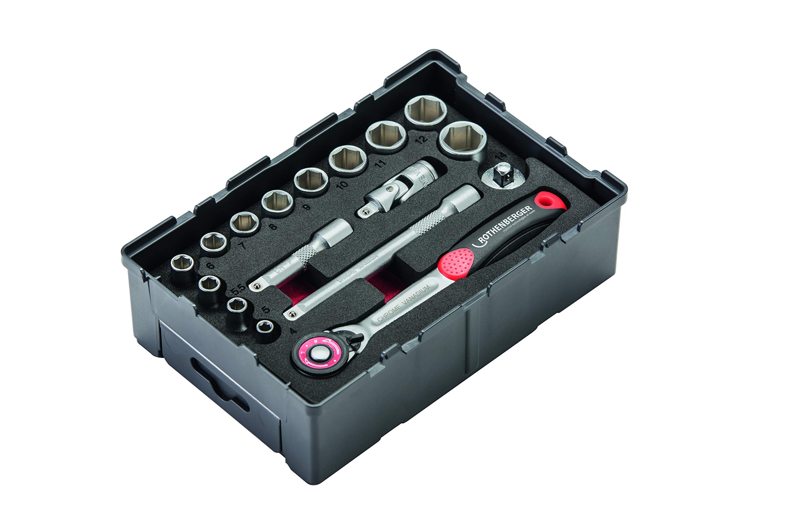 'Rothenberger 1000002180 Hexagonal Socket Spanner Set of 17 Tool Box Hex Key 1/4 Hex Shank Ø 1.5 – 10 mm | Reusable Robox | Reversible Drive Universal Joint Chrome Vanadium Steel, Grey