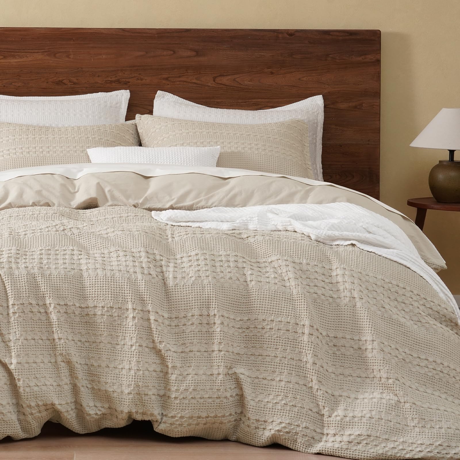 Photo 1 of PHF 100% Cotton Waffle Duvet Cover Queen Size, Soft Breathable Cotton Bedding Duvet Cover Set for All Season, Waffle Weave Luxury Textured Design for All Home Decor, 3 Pieces, 90"x90", Oatmeal