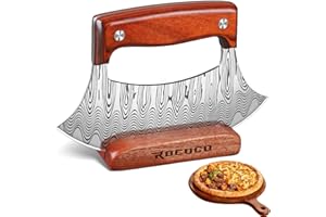 ROCOCO Pizza Cutter Ulu Knife – Full Tang Damascus Mezzaluna Rocker Knife with Wood Block for Kitchen, Camping, BBQ - Ideal K