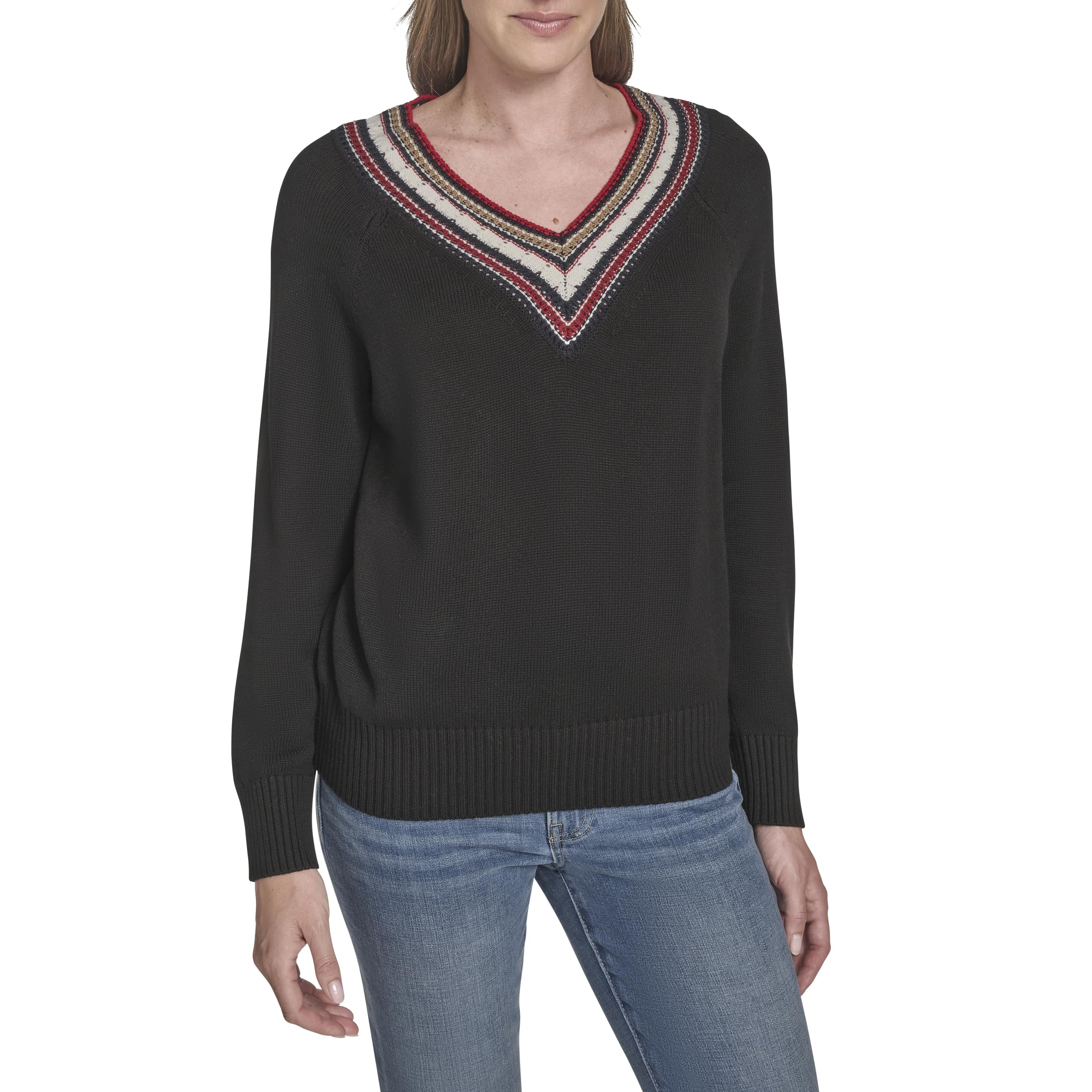 Tommy Hilfiger Women’s Sportswear V-Neck Sweater, Black, Medium
