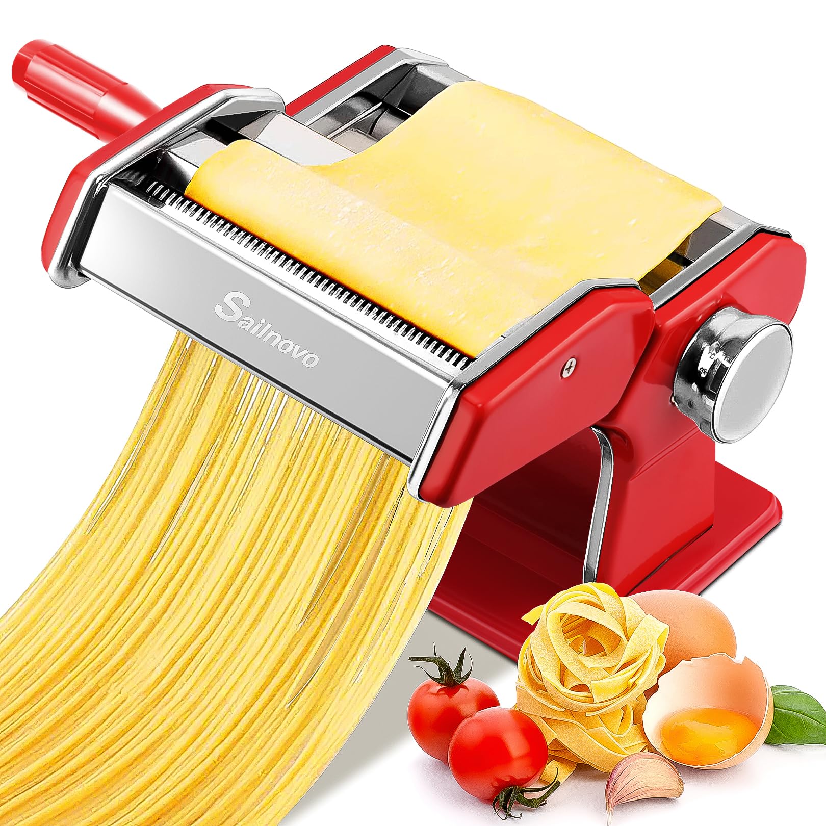 Photo 1 of Sailnovo Pasta Maker Machine, 180 Roller Pasta Maker, 9 Adjustable Thickness Settings 2-in-1 Noodles Maker with Rollers and Cutter, Perfect for Spaghetti, Fettuccini, Lasagna or Dumpling Skin Red