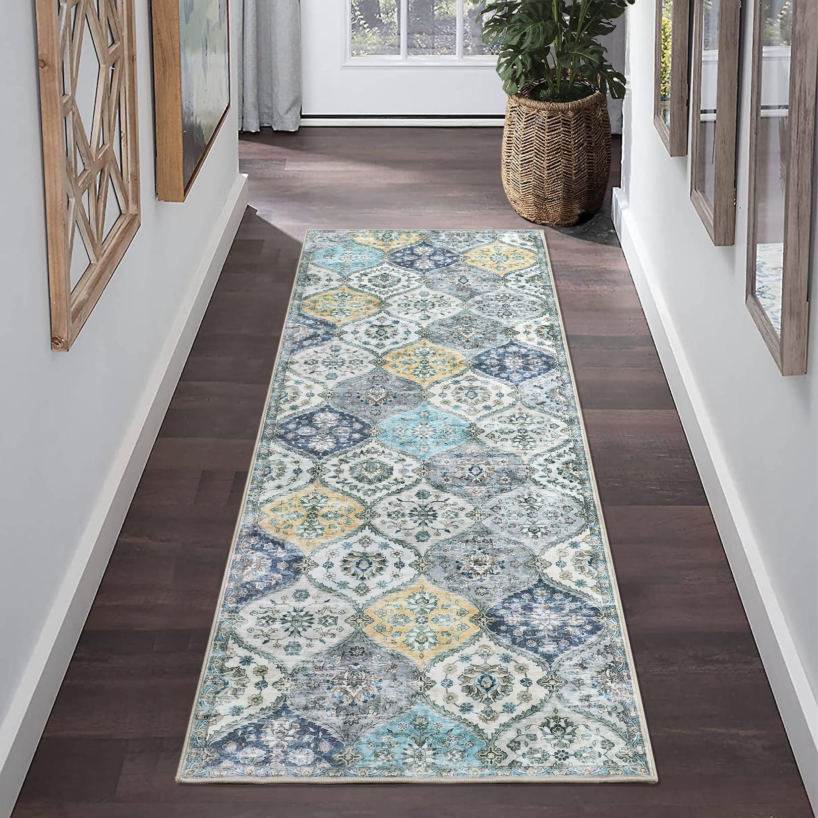 Photo 1 of ***USED***ROYHOME Runner Rug Washable Moroccan Trellis Hallway Runner Entryway Rug, Stain Resistant Non-Slip Floor Cover Vintage Distressed Entrance Carpet for Laundry Kitchen, Blue/Yellow, 2' x 6'