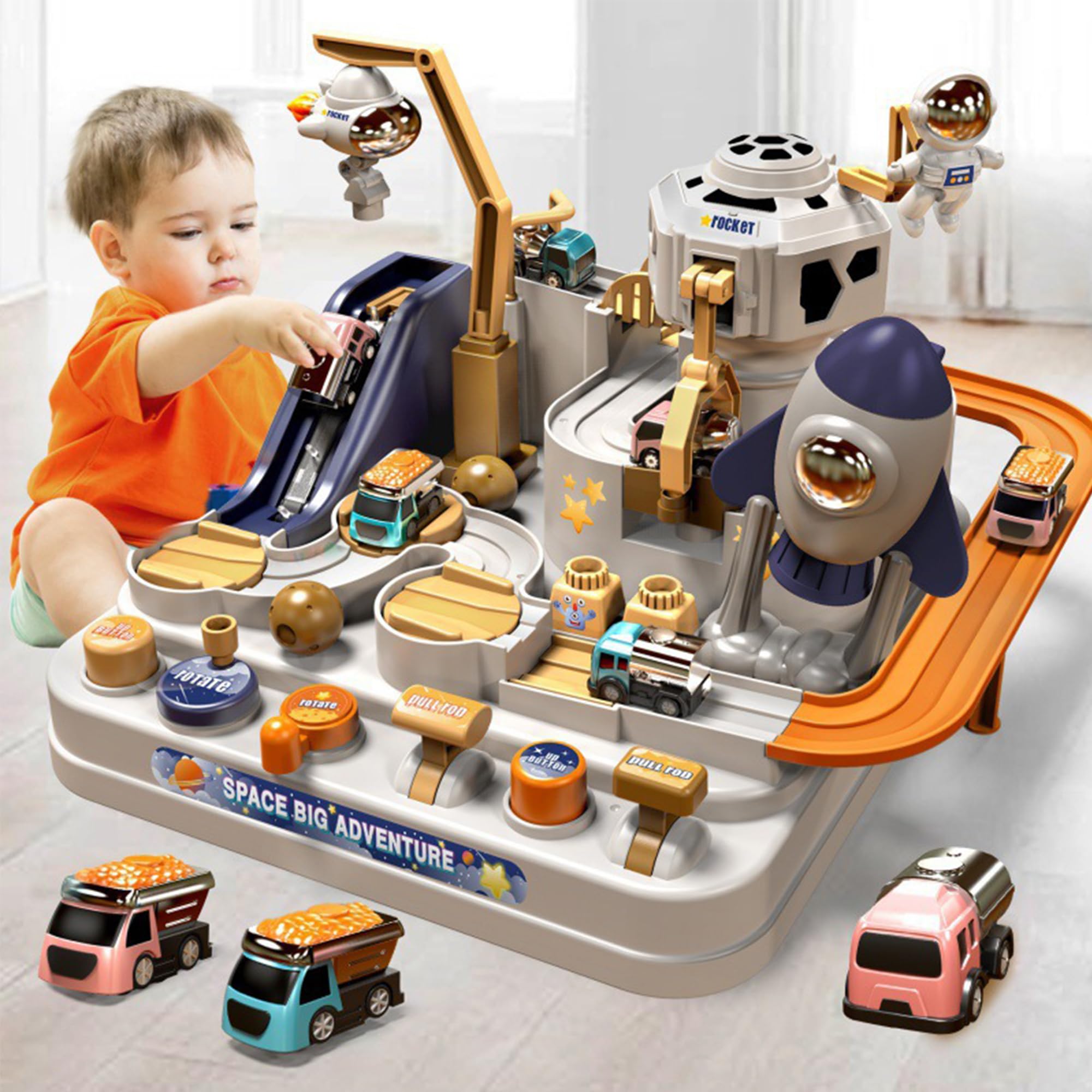 WDEC Car Adventure Track - Space Car Rescue Race with 3 Vehicles, Boys Toys Age 3-5