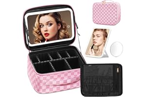 Omobolanle Makeup Bag with Mirror Led Light Detachable Portable Makeup Organizer Travel Cosmetic Train Case with Dividers and 10x Magnifying Mirror Cosmetic Toiletry Bag Pink/White