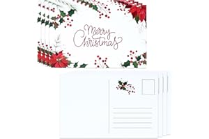 Gift Boutique - 50 Pack Merry Christmas Greeting Cards Postcards 4" x 6" Holiday Post Cards Poinsettia with Holly Berry Design Winter Blank Note Card for Kids, colleagues, friends, Thank You Notes