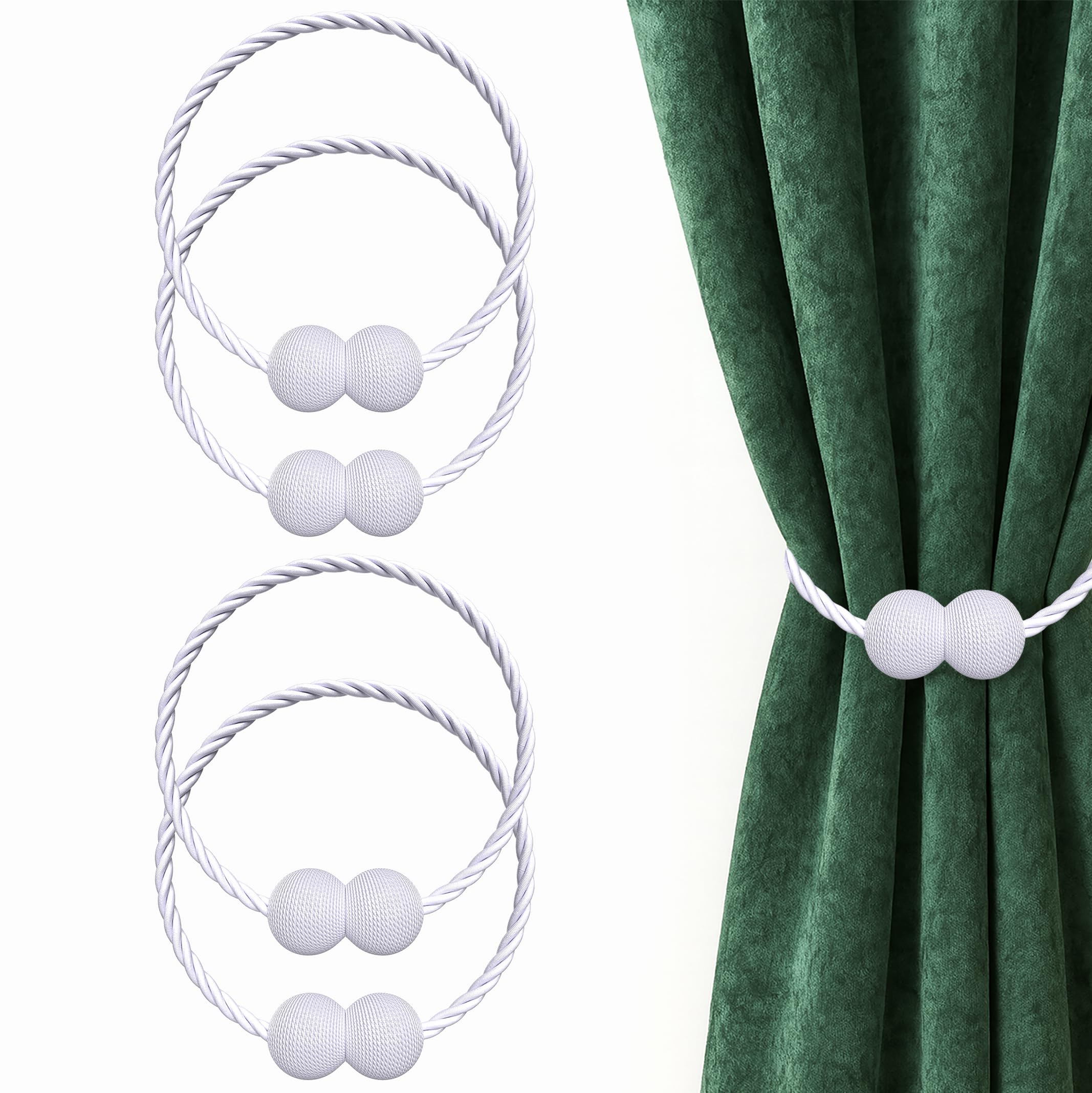 Hion Magnetic Curtain Tiebacks White 4 Pack, Curtain Tiebacks Buckles Holdbacks Holders Hooks Clip for Home Bedroom Office Decorative Thick or Thin Curtain