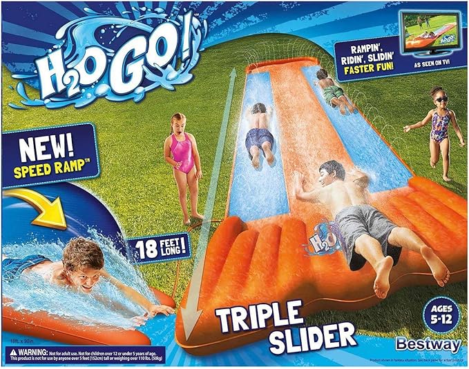 Amazon Com New Inflatable Water Slide Triple Pool Kids Park Backyard Play Fun Outdoor Splash Slip N Slide Toys Games