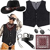 Vabean 6 Pcs Cowboy Costume Men Western Outfit Cowboy Vest Hat Necklace Belt Buckle Bandana Glasses for Rave Accessories