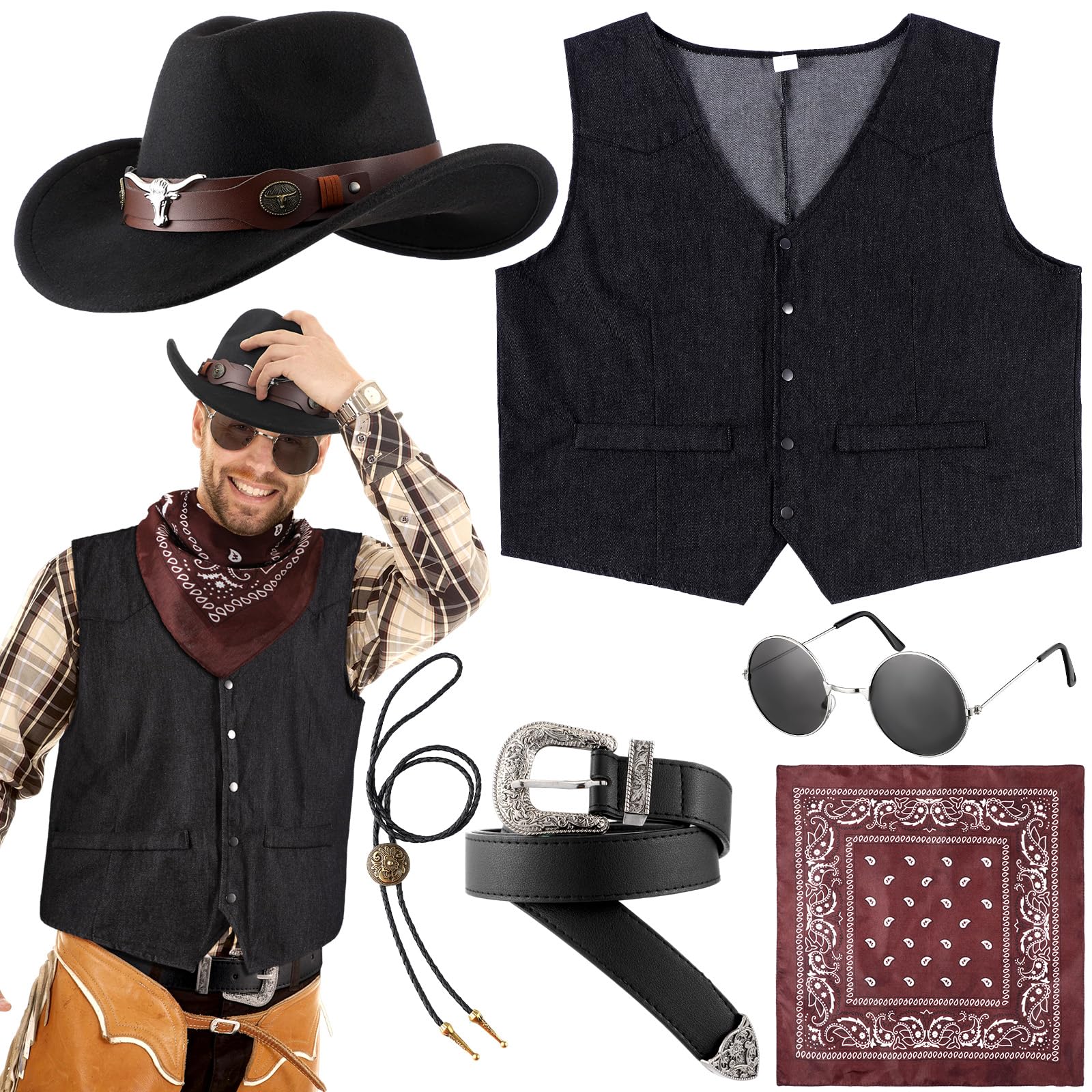 Photo 1 of Vabean 6 Pcs Cowboy Costume Men Western Outfit Cowboy Vest Hat Necklace Belt Buckle Bandana Glasses for Halloween Cosplay(Black,L)