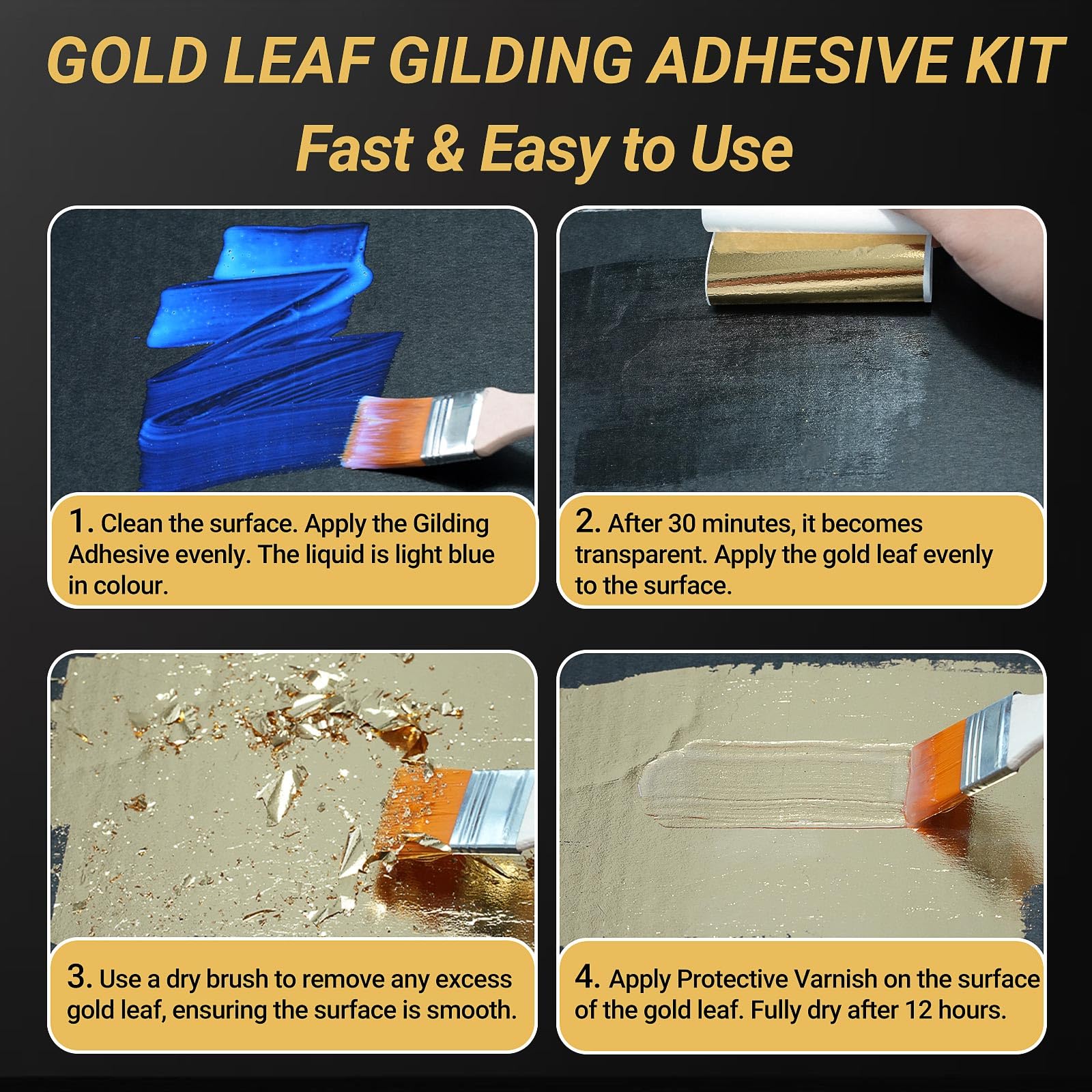 Gilding Adhesive Set, TUFINEIN 3.53oz/100ml Water Based Adhesive and Varnish, Gold Leaf and Champagne Gold Foil Gilding Kit, Furniture & Crafts Decoration, Art Painting, DIY Decorative Painting