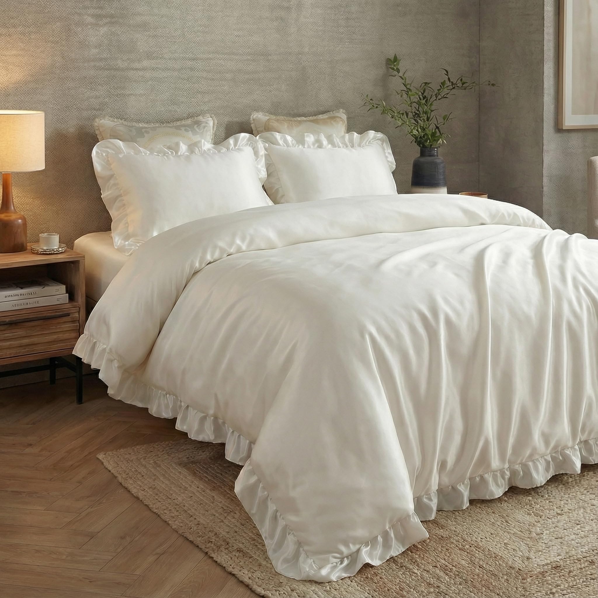 Herside White Satin Duvet Cover Set Ruffle Bedding Solid Silk like Satin Ruffle Design Silky Bedding Sets Single 1 Comforter Cover 1 Pillowcase (White, UK Single)