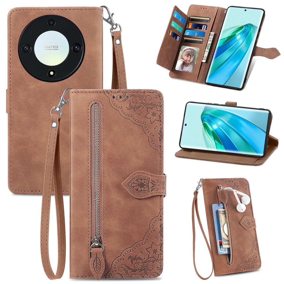 MOJIA Flip Case Compatible with Honor Magic5 Lite 5G (Magic 5 Lite) / X9a, PU Leather Zipper Wallet Case Flip Phone Cover with TPU Shell, Card Holder Multifunctional Case. Brown — image 1