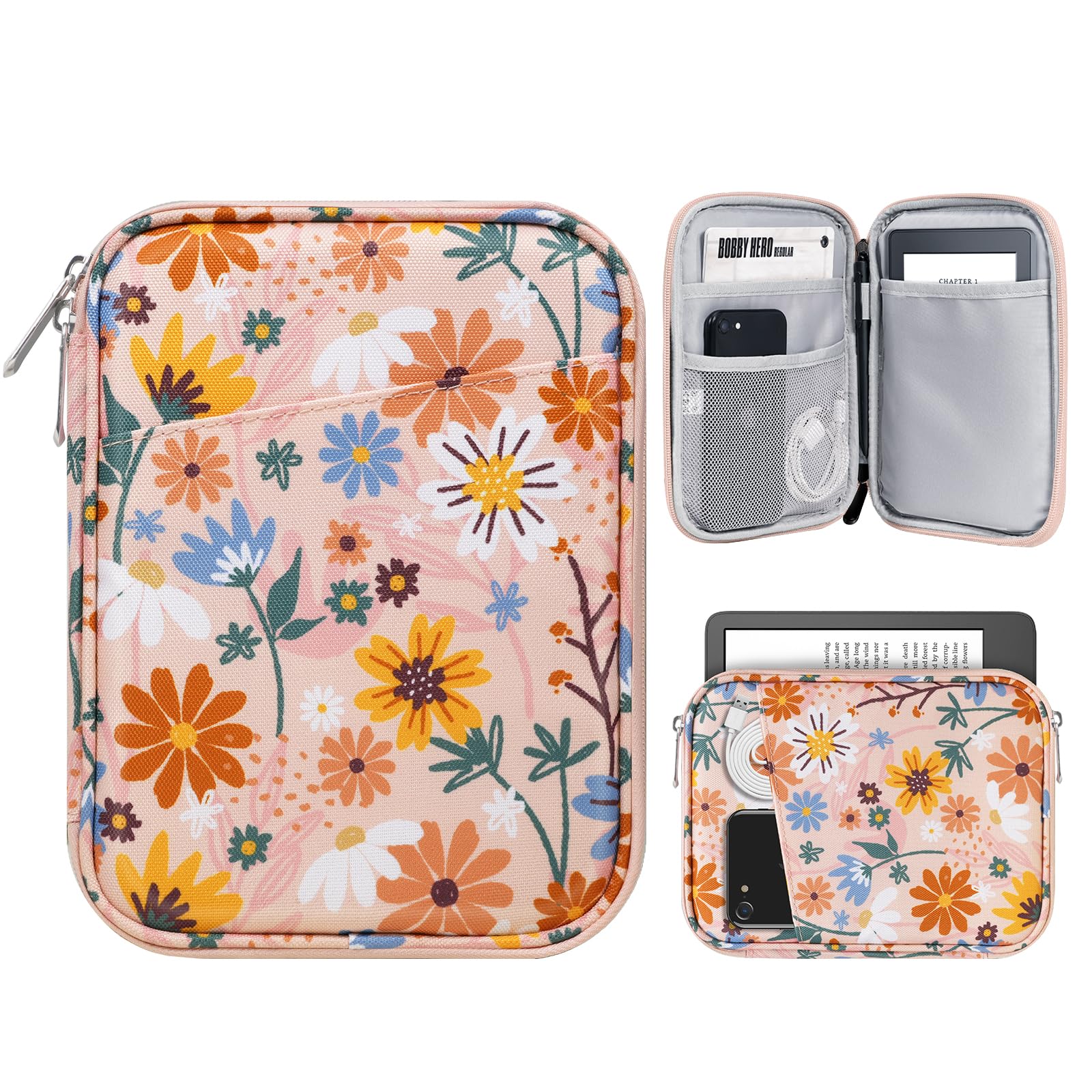 TiMOVO 6-7 Inch Tablet Sleeve for eReader Book Paperwhite/Colorsoft Signature Edition, Protective Sleeve Cover Case with Pocket for E-Reader/Oasis & Kobo Devices, Yellow Flower