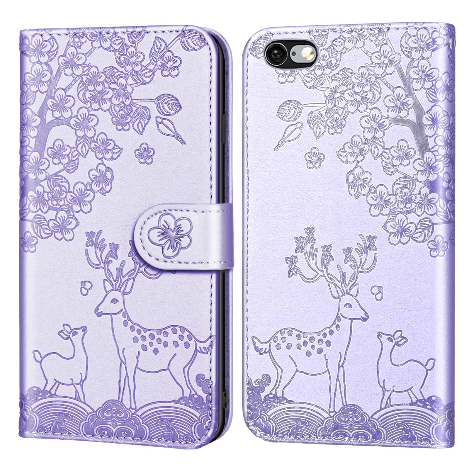 Aisenth Case for iPhone 6/iPhone 6s, Cute Wallet Flip Case with Card Holder Kickstand Magnetic PU Leather Phone Cover with Embossed Deer Floral Animal Pattern (Purple)
