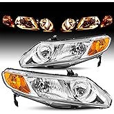 JSBOYAT Halogen Headlight Assembly for 2006-2011 Honda Civic Sedan 4 Door | OE Style Headlamp Replacement Chrome Housing with Amber Reflector ,Not for Coupe 2 Door,Driver &amp; Passenger Side