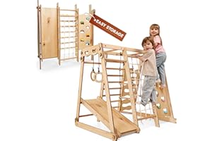 Upgraded 9-in-1 Kids Climbing Frame Outdoor & Indoor, Montessori Wooden Playground with Slide, Swing, Climbing Wall, Rope Lad