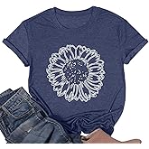 Women's Sunflower Shirt Cute Flower Blessing Pattern T-Shirt Loose Round Neck Casual Top
