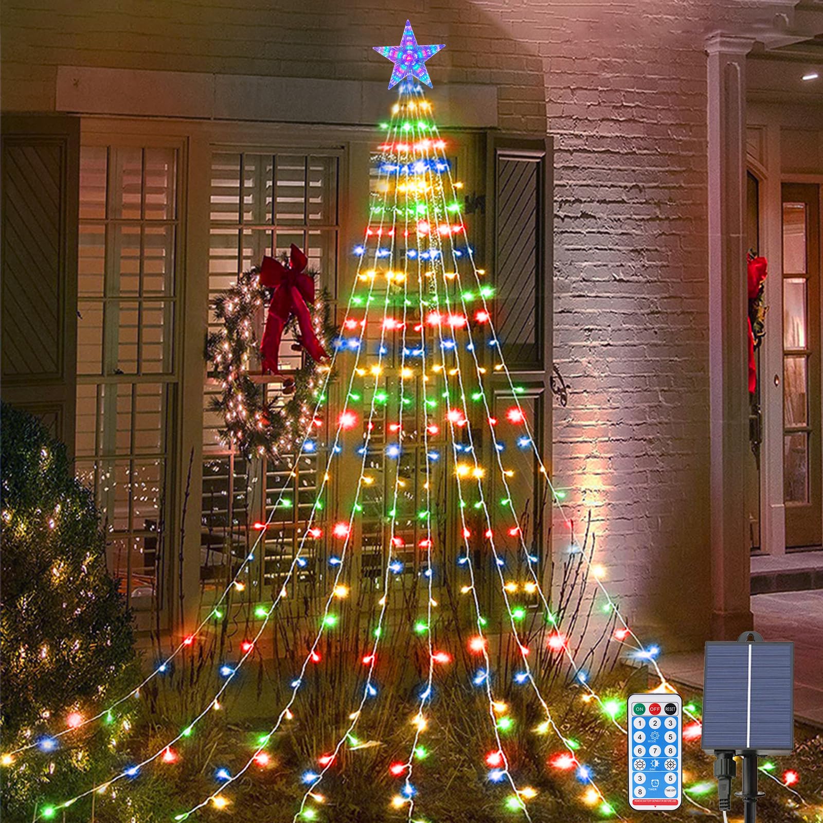 Acxilexy Waterfall Tree Lights, 2m/ 6.56ft x 9 Lines USB Christmas Tree Lights with Topper Star, 198 LEDs Waterproof Fairy Lights with 8 Lighting Modes for Indoor Outdoor Xmas Tree Garden Decor
