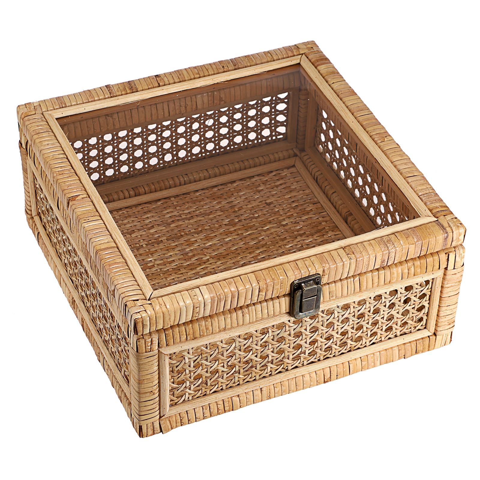 IGNPION Rattan Decorative Box with Lid, Woven Shelf Storage Basket Rectangular Rattan Keepsake Display Box Boho Style Desktop Basket for Home Décor, 28×28×13cm
