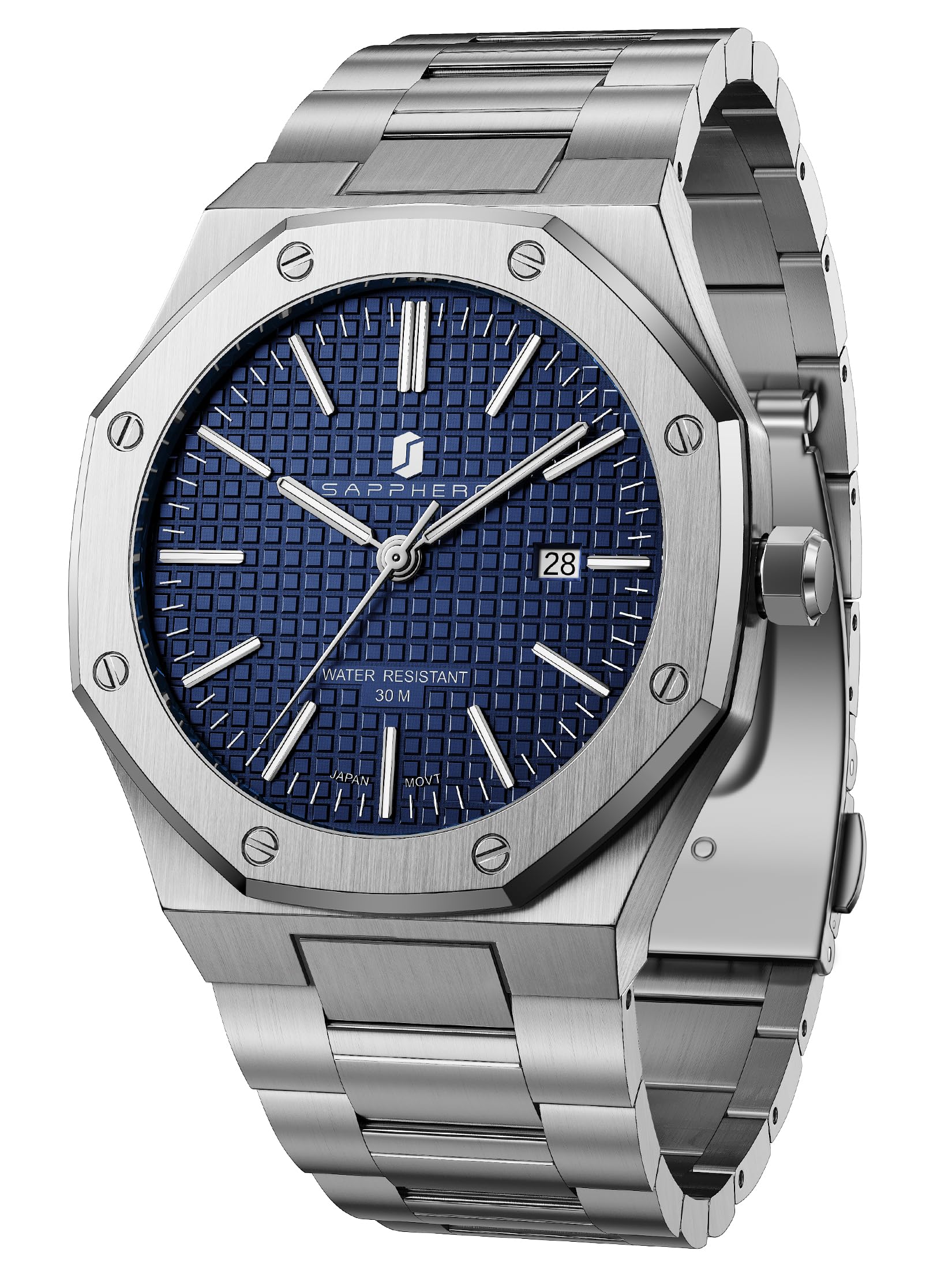 SAPPHERO Uhren Herren 30M wasserdichte Armbanduhr Herren Edelstahl Achteckig Herrenuhr Silber Quarz Japanische Uhrwerke Business Casual Leuchtende Uhr mit Date