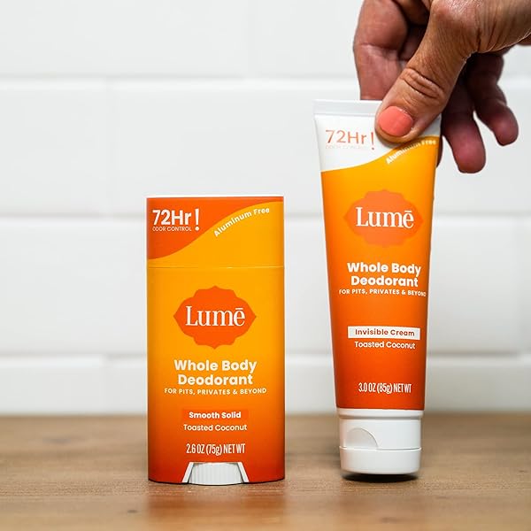 LUME WHOLE BODY DEODORANT – INVISIBLE CREAM TUBE AND SOLID STICK – 72 HOUR ODOR CONTROL – ALUMINUM FREE, BAKING SODA FREE, SKIN SAFE – 3.0 OUNCE 2.6 OUNCE BUNDLE (TOASTED COCONUT)