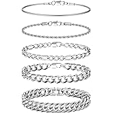 FINREZIO 5Pcs Stainless Steel Bracelets for Men Women Gold Silver Cuban Link Rope Figaro Cuban Chain Bracelet Set for Men 7.48/8.07/8.26 inches