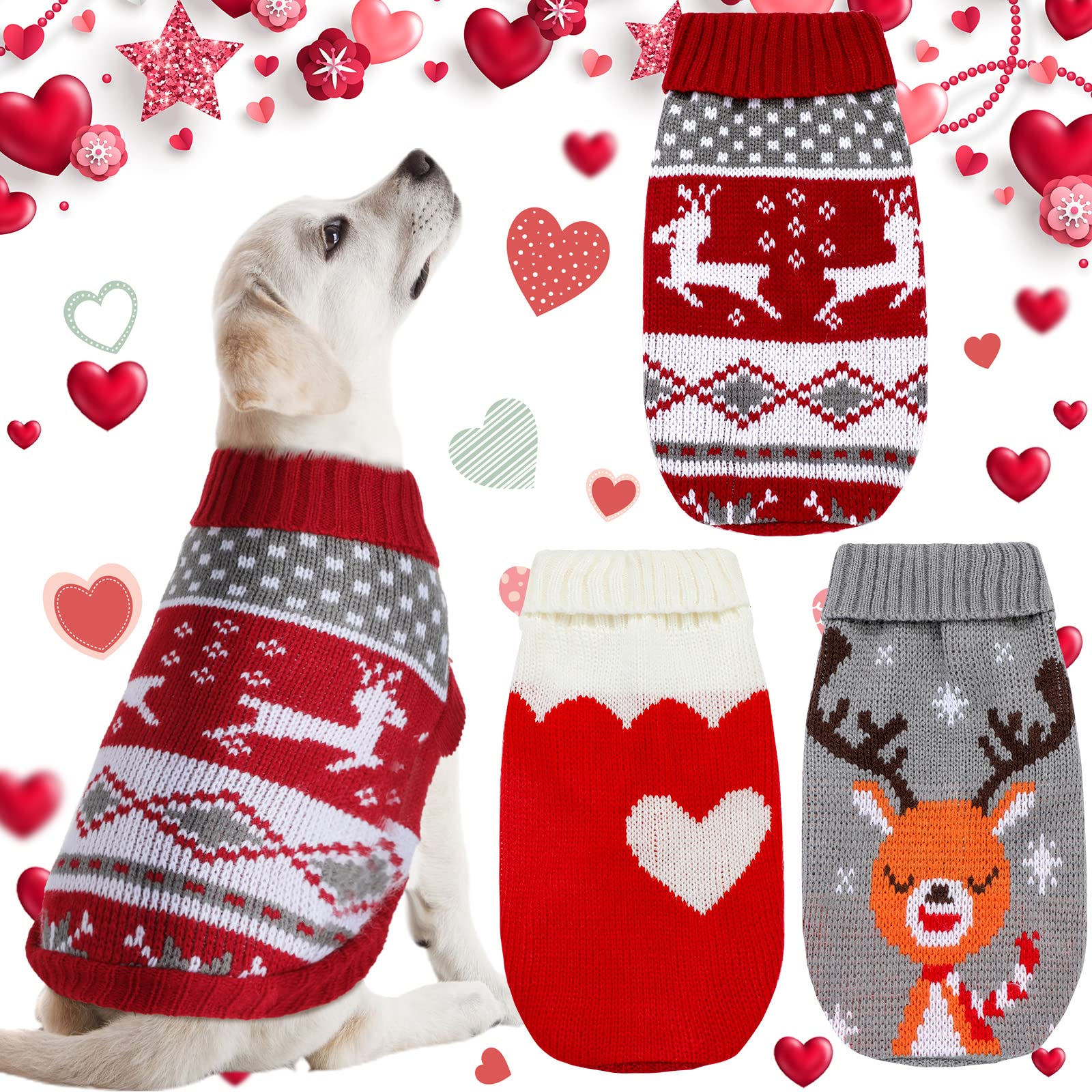 Photo 1 of 2 Patterns Christmas Vintage Dog Sweaters Winter Puppy Sweaters Reindeer Heart Cat Warm Clothes for Small Dog and Cat (L, Fit 6.6 lbs - 9.9 lbs)