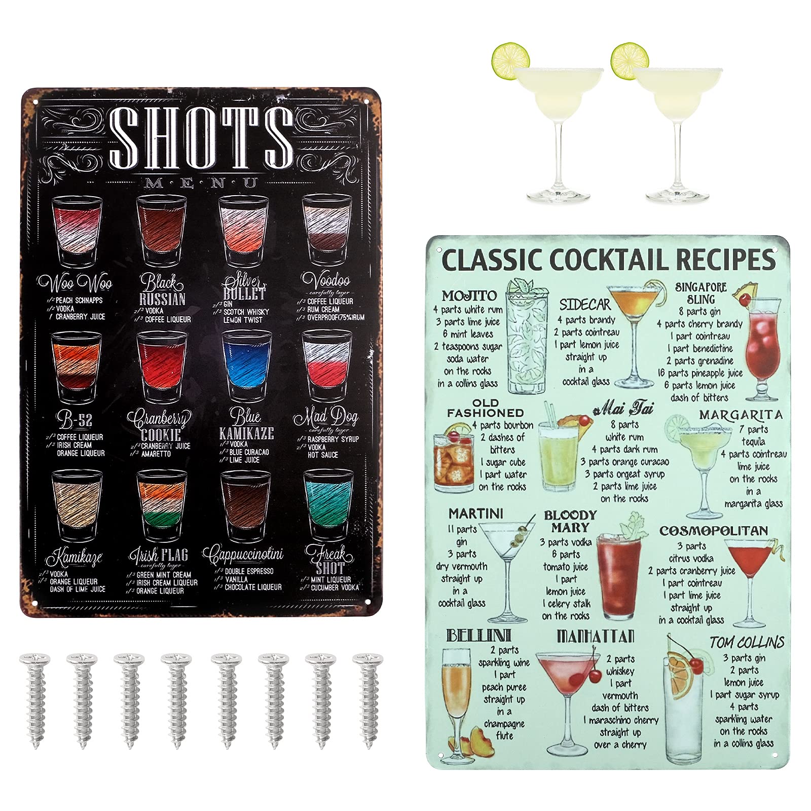 2PCS Cocktail Signs,Vintage Metal Sign ,Retro Bar Metal Tin Sign, Classic Cocktail Poster Wall Art Decoration Wall Sign Plaque Poster, for Home, Bar, Restaurant ,Pub (Black and Green)