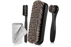 ZJOEY 4 Pcs Horsehair Shine Shoes Brush Kit Polish Dauber Applicators Cleaning Leather Shoes Boots Care Brushes Suede Cleaner Brush with Microfiber Shoe Cloth(4 Pcs Black D)