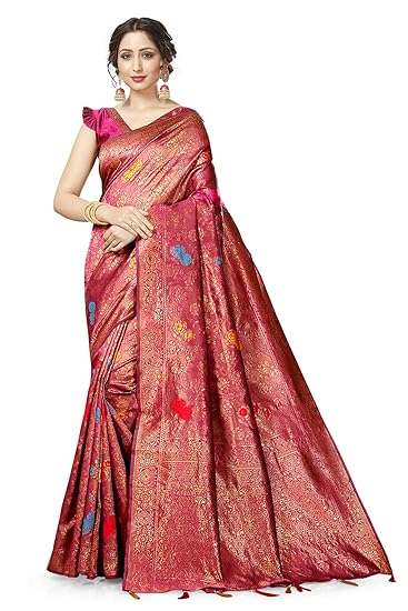 Divaastha Womens Lichi Silk Floral Print Saree with Blouse Piece (Pink)