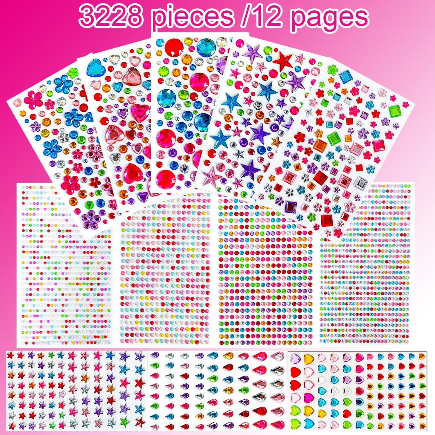 3228pcs Gems Stickers, Self Adhesive Rhinestone Jewel Stickers, Acrylic Gems DIY Craft Decorative Diamond Stickers, Assorted Shapes Jewels Rhinestones Sticker, Gem Sticker Crafts for Kids