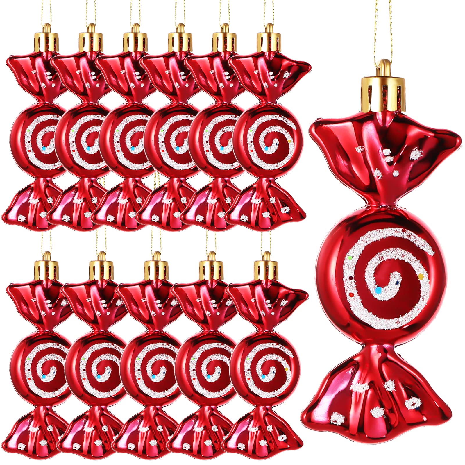 Threan 12 Pcs Christmas Candy Ornaments for Tree Decoration Hanging Glitter Candy Cane Christmas Peppermint Ornament with Golden Rope for Xmas Holiday Decoration(Red,Plastic) — image 1