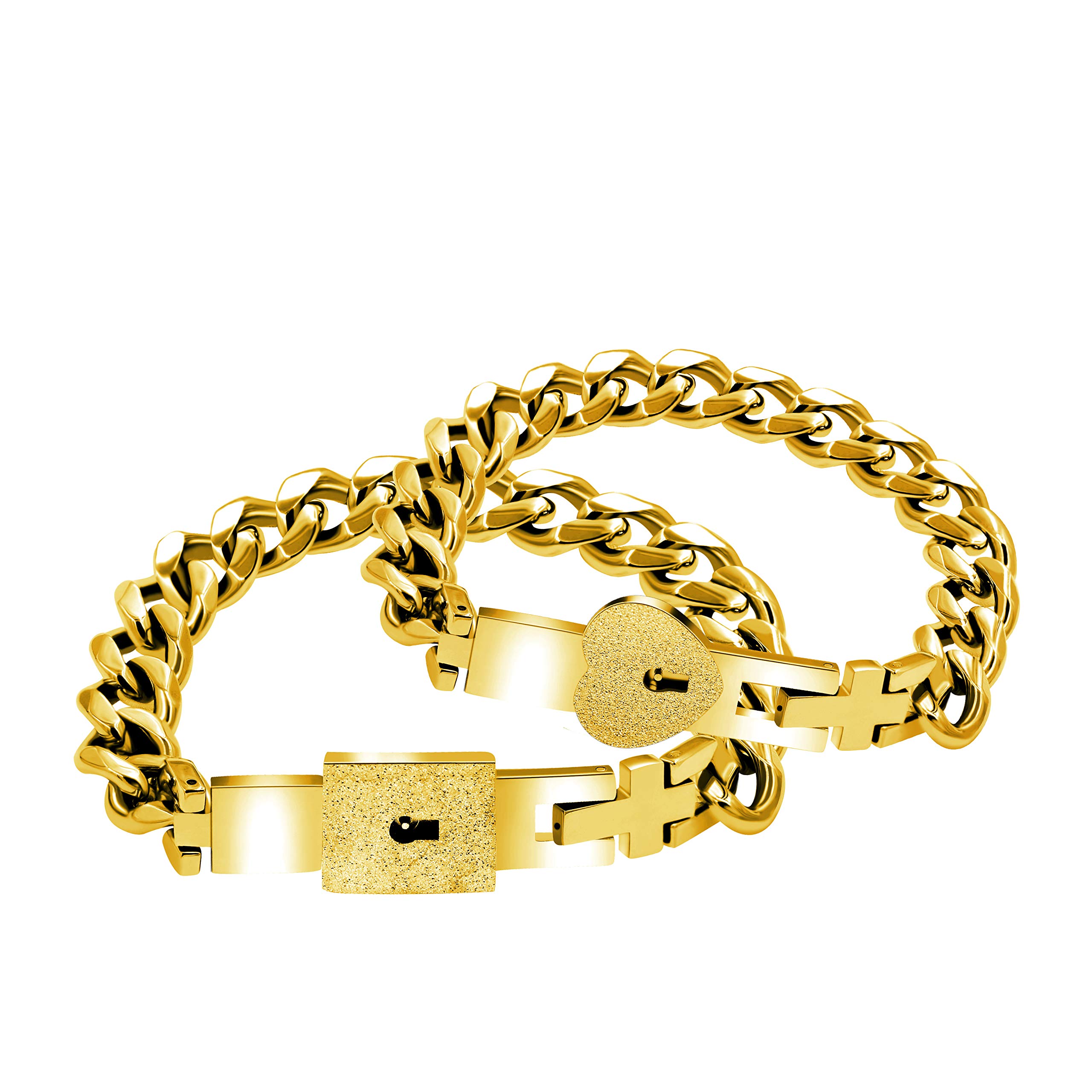 Gold Plated His and Hers Square Heart Lock Bracelet Bangles Matching Jewelry Set for Him and Her, Cuban Chain Bracelets for Couples Y853(gold)