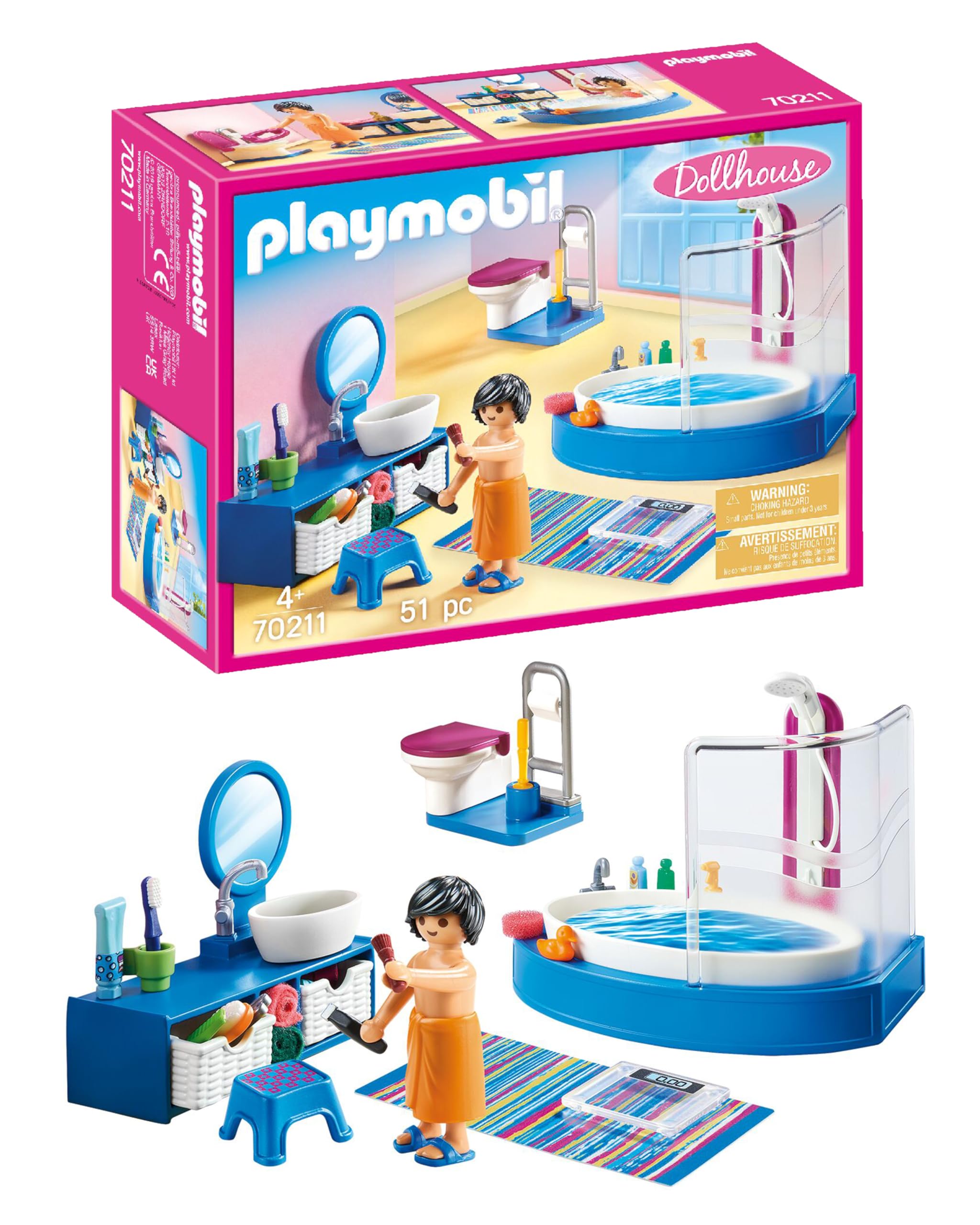 PlayMOBIL 70211 Dollhouse Furnished Bathroom, Fun Imaginative Role-Play, Playset Suitable for Children Ages 4+