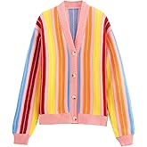 HOULENGS Women's Casual Long Sleeve Rainbow Striped Cardigan Sweaters V Neck Button Down Color Block Knit Loose Sweater Coat