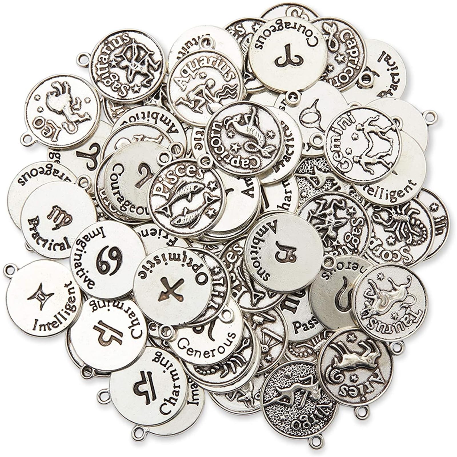 Bright Creations Zodiac Sign Charms for Jewellery Making (Silver 72 Pieces)