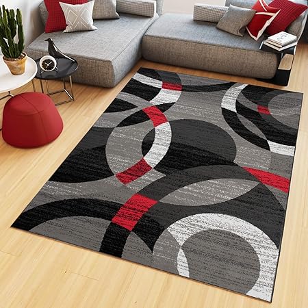 Tapiso Maya Tapis De Salon Chambre Design Moderne Gris Noir Rouge Géométrique Cercles Moucheté Fin Poil Court 200 X 300 Cm