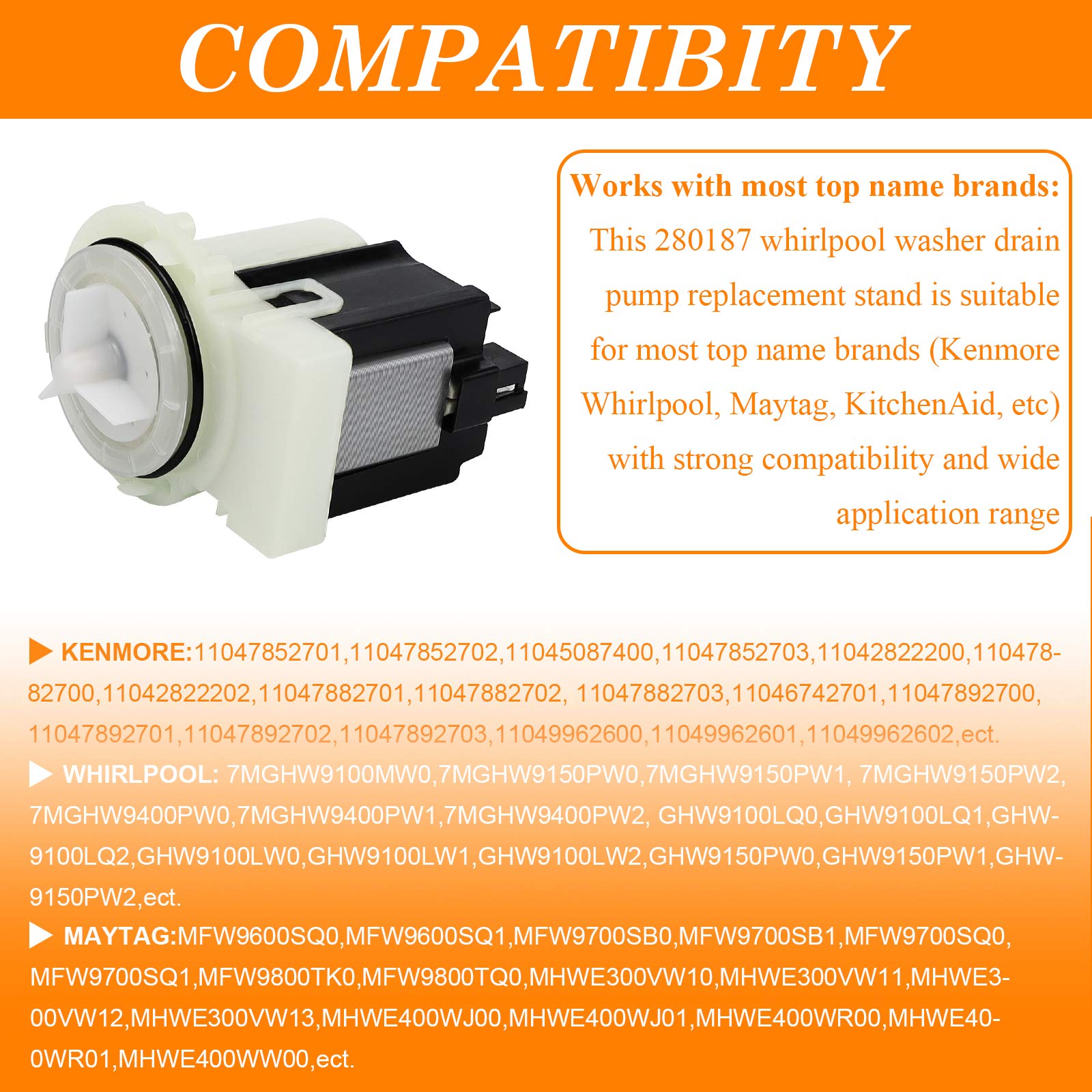 280187 8181684 Washer Drain Pump Motor - Compatible with Whirlpool Duet, May tag Epic and Ken more HE Front Loading Washing Machines-2 Year WARRANTY By TOMOON
