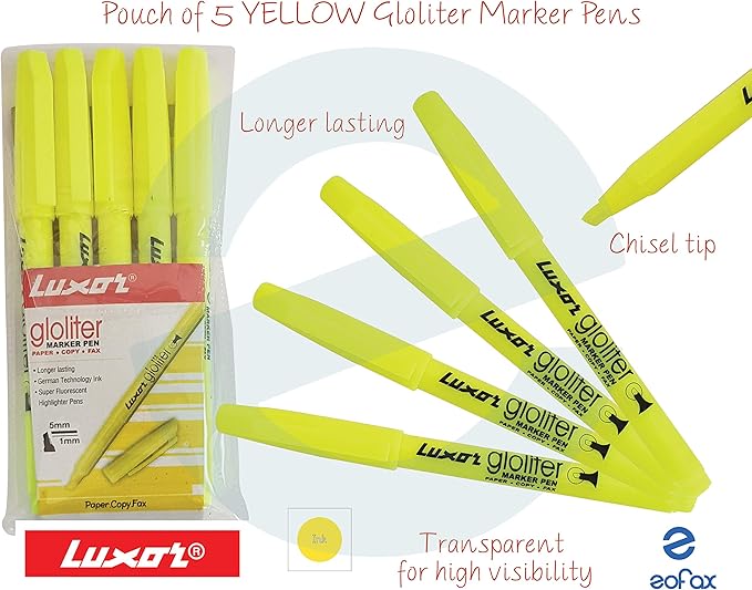 5 LUXOR Gloliter Chisel Tip Quality YELLOW Highlighter Maker Pens 1mm