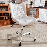 JULYMON Armless Desk Chair, Morden Home Office Chair no Arms, Adjustable Height & Rocking Computer Chair, PU Leather Vanity Chair, Ergonomic Seat Soft Padded Desk Chairs for Home Small Space, White
