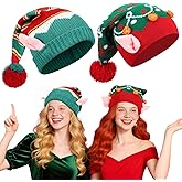 JenPen 2 Pcs Christmas Elf Hat with Ears for Adult Xmas Knit Santa Beanie Hat with Pom Pom for New Year Festive Holiday Party