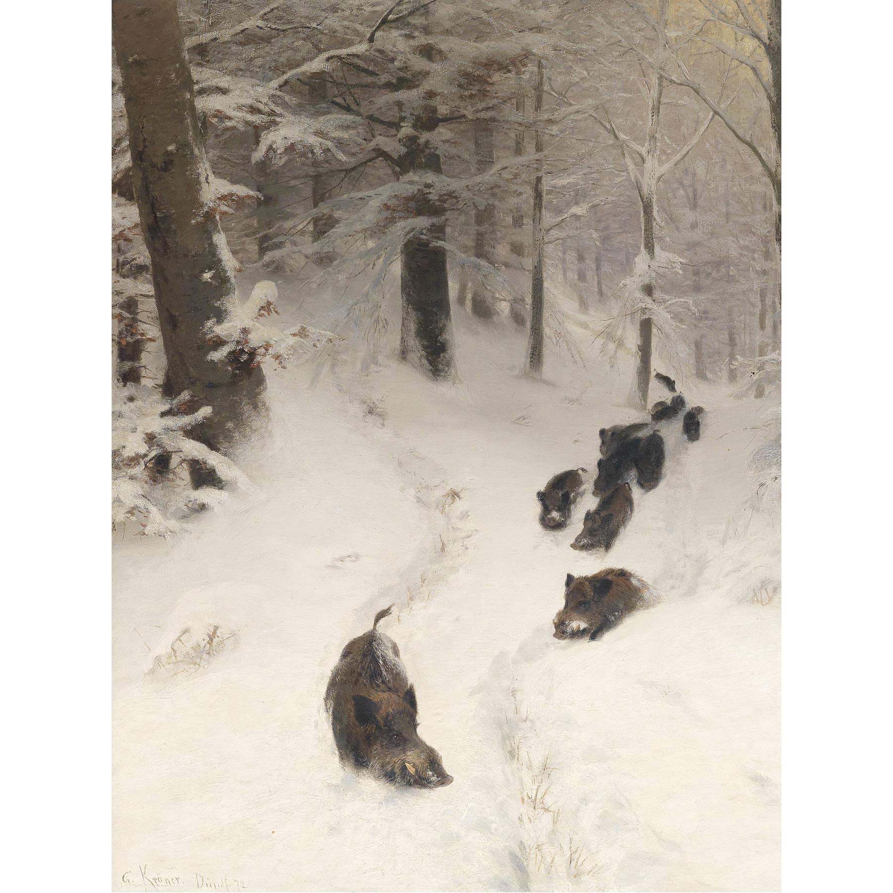 Kroner Herd Wild Pigs Winter Forest Snow Painting Large Wall Art Print Canvas Premium Mural