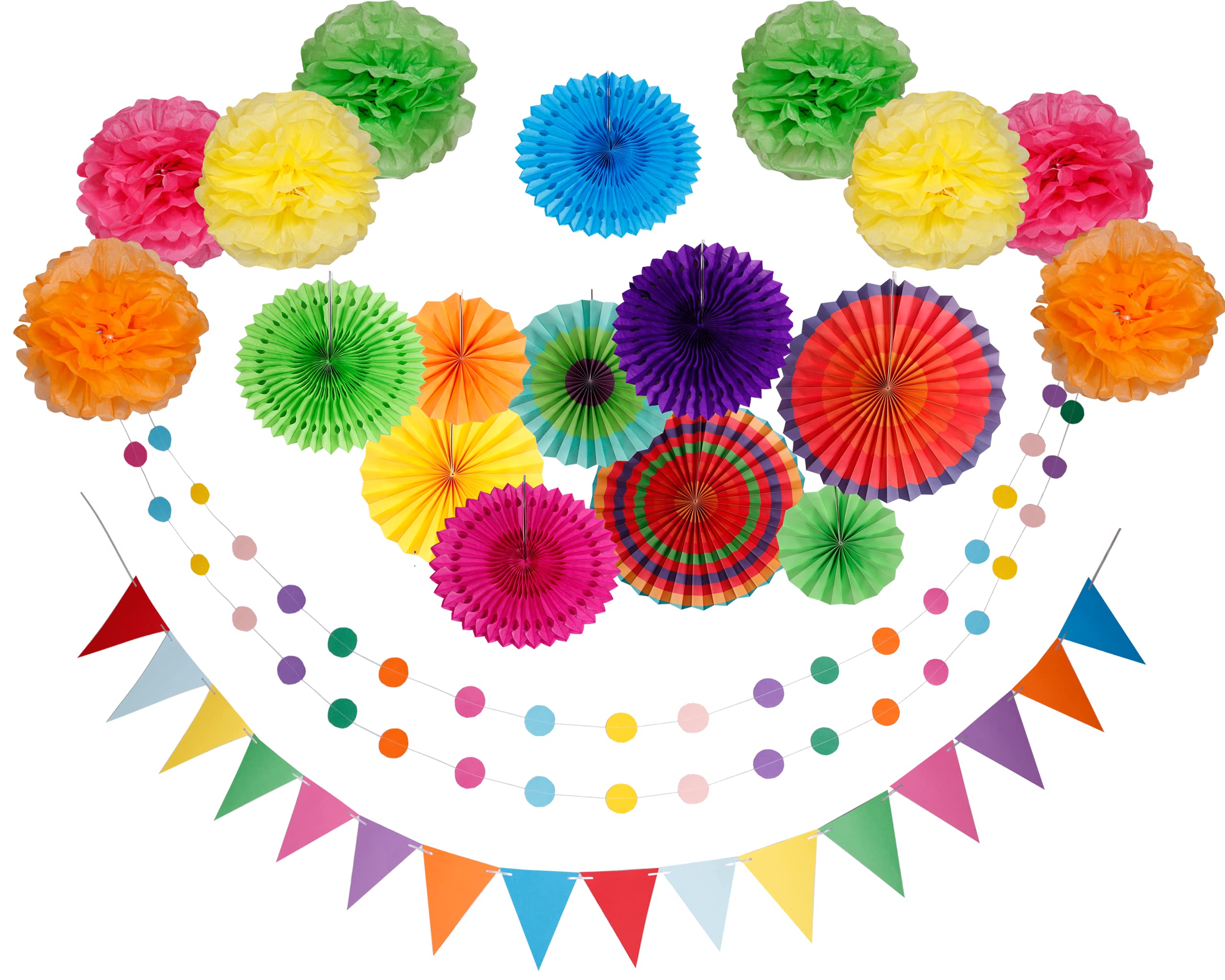 21 Pcs Party Decorations Rainbow Festival Tropical Beach Outdoor Set, Paper Fans, Pom-Poms Banners for Adult Birthday Party Kids, Anniversaries Mexican Celebrations (Happy)