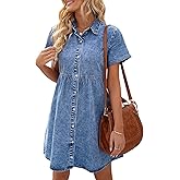 LookbookStore Women's Short Sleeve Button Down Flowy Tiered Babydoll Denim Dress
