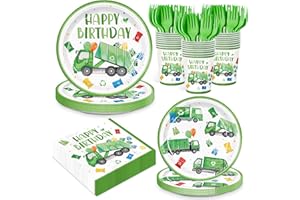 XIENBLOC 120pcs Garbage Truck Birthday Party Decorations Trash Truck Plates Napkins Green Forks Disposable Tableware Set Waste Management Recycling Rubbish Truck Birthday Party Supplies Serve 24 Guests