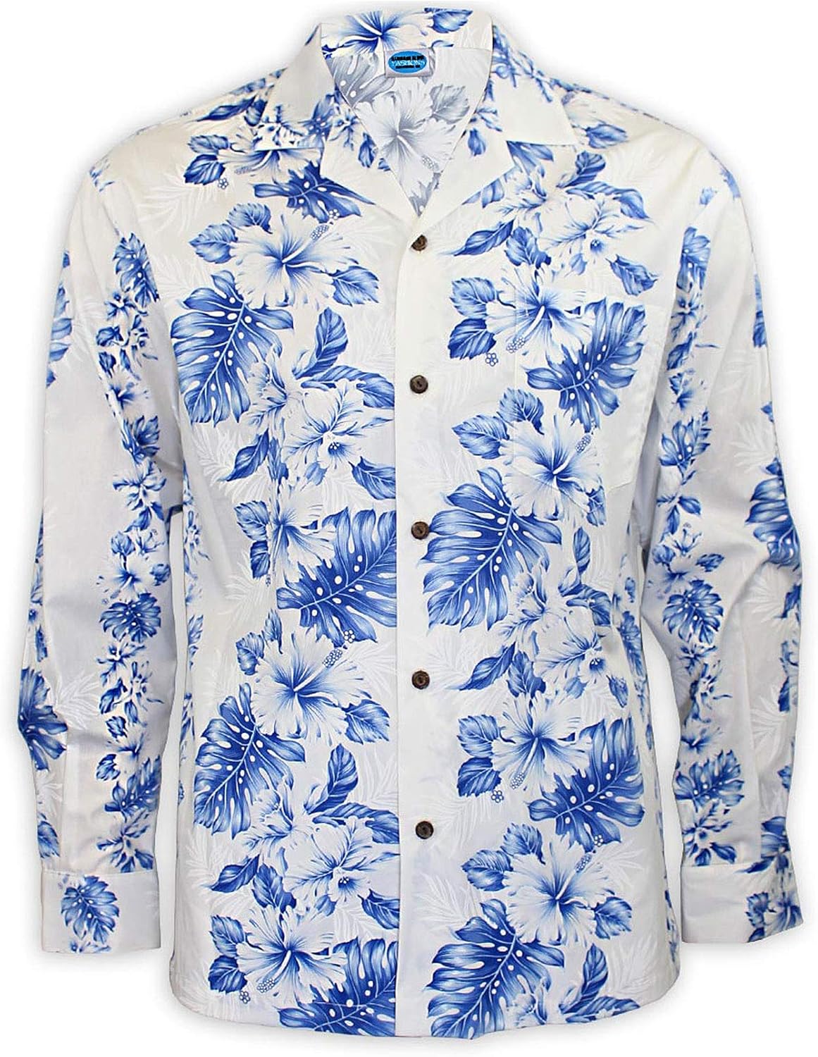 Long Sleeves White Royal Blue Hawaiian Shirt at Amazon Men’s Clothing store