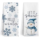 Gnmduw Blue Snowflake Winter Kitchen Towels, Hello Winter Hand Towels Set of 2,Snow Christmas Snowman Hand Dish Tea Towel for Kitchen Bathroom Decor, Xmas Gifts for Women Men, 16x24 Inch